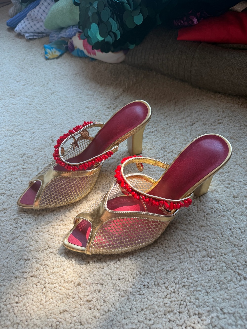 Gold and Red Open-Toe Heeled Sandals